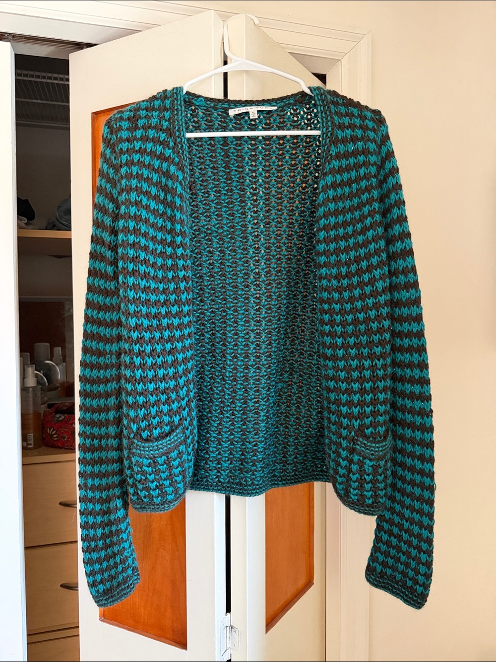 Trina Turk Teal and Black Open-Weave Knit Cardigan
